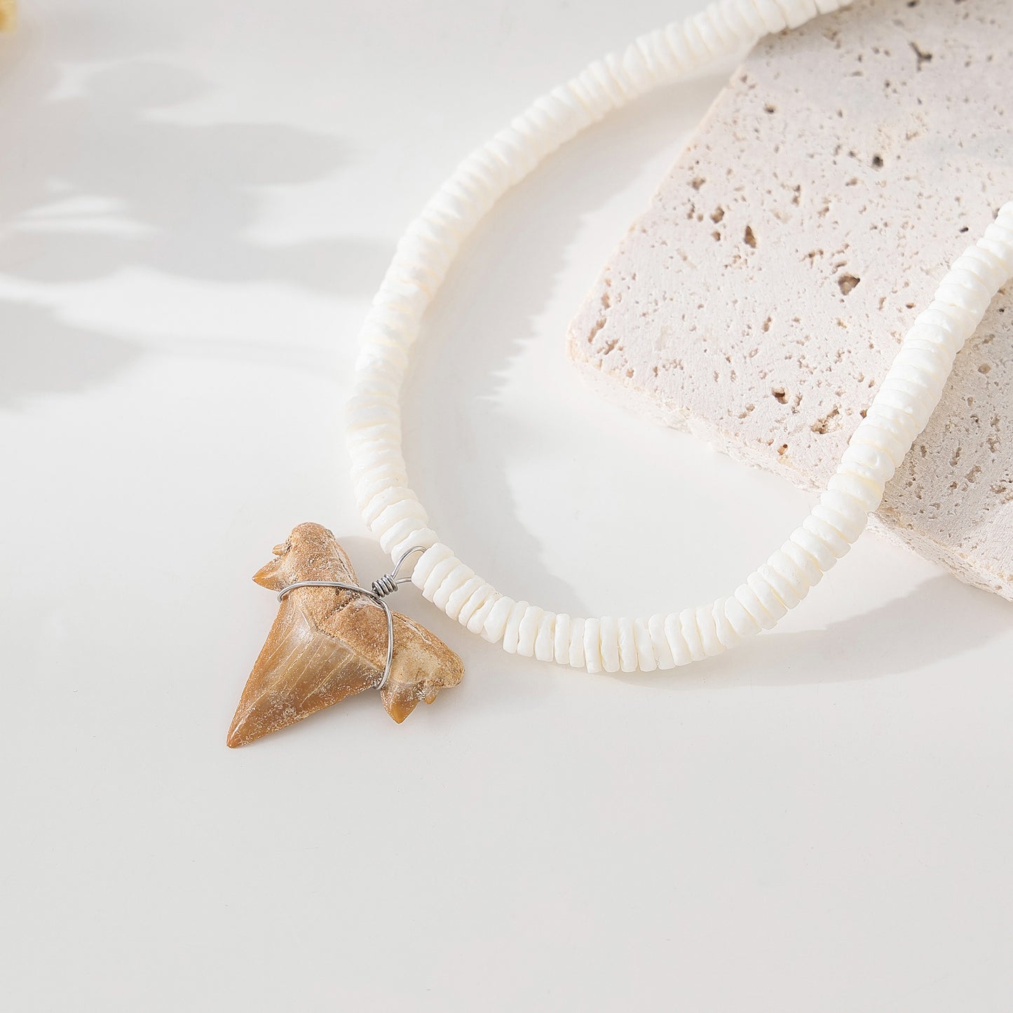 Exquisite White Rounded Shell Necklace with Fossilized Shark Tooth Pendant - Beachy Boho Style Jewelry