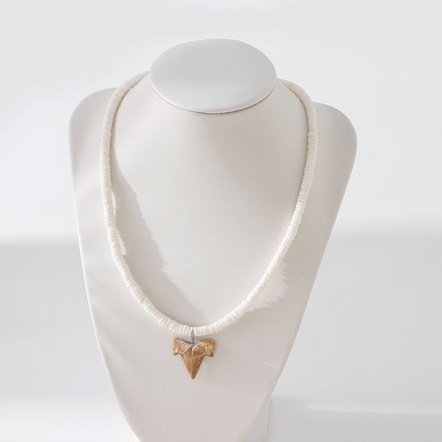 Exquisite White Rounded Shell Necklace with Fossilized Shark Tooth Pendant - Beachy Boho Style Jewelry