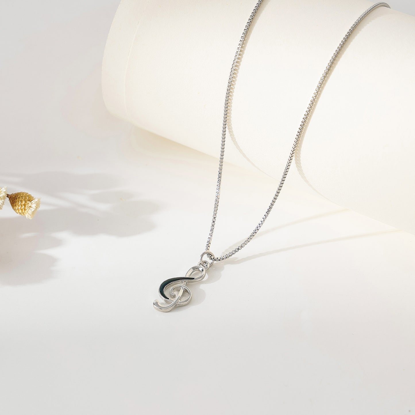 Exquisite Silver Treble Clef Necklace with Black - Accented Charm on Delicate Silver Chain