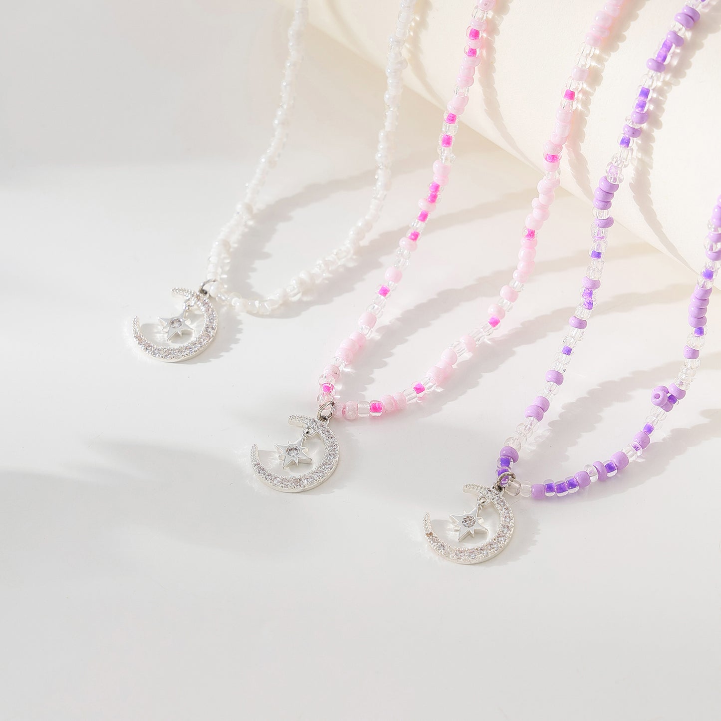 Enchanting Assorted Beaded Necklaces with Sparkling Crystal Half - Moon & Star Pendants for Women