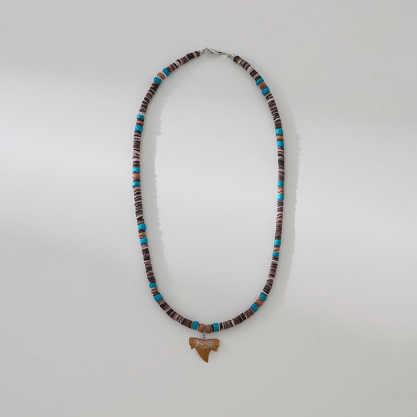 Shark Tooth fossil Necklace  with brown and teal beads