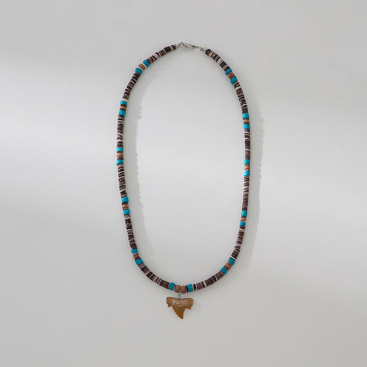 Shark Tooth fossil Necklace  with brown and teal beads