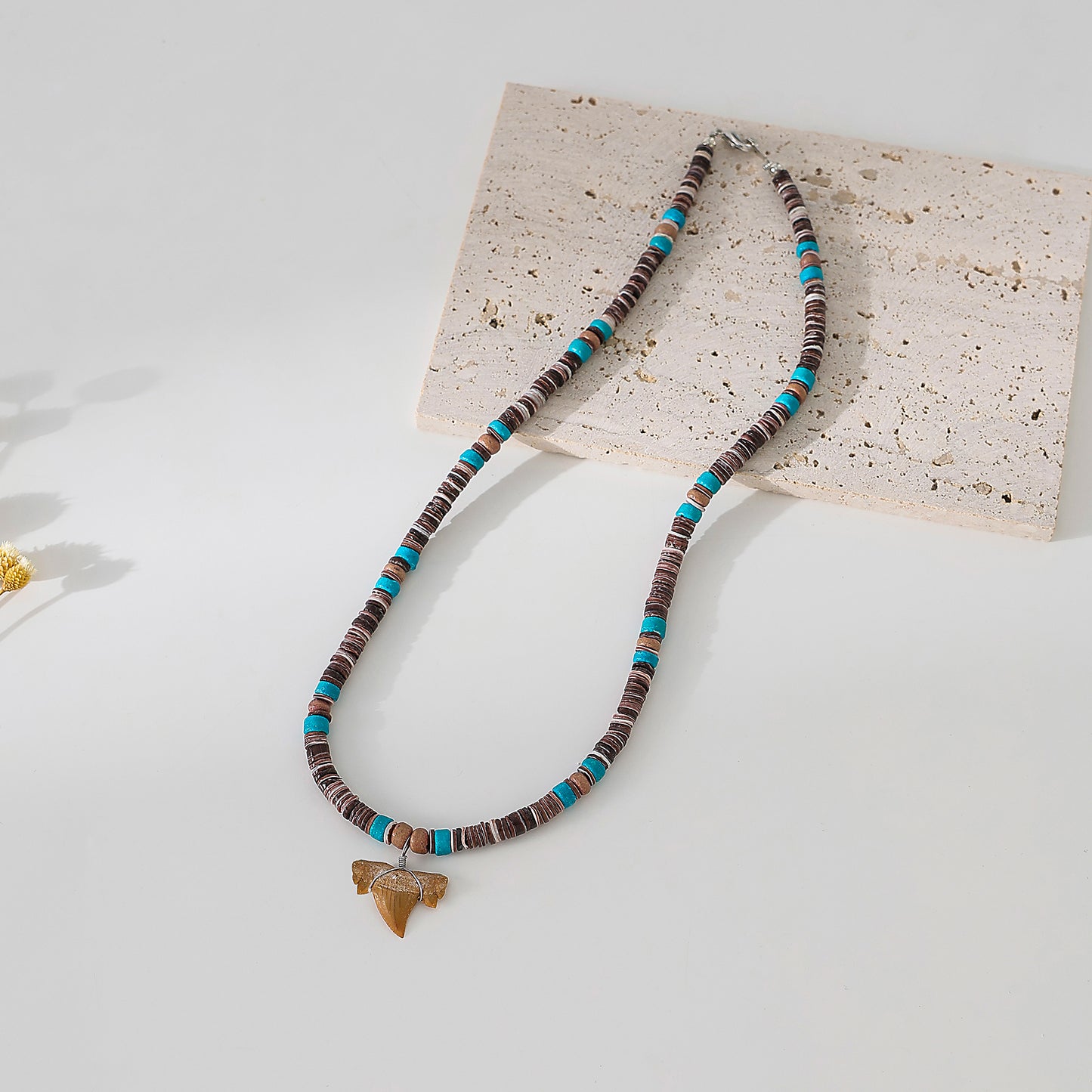 Shark Tooth fossil Necklace  with brown and teal beads