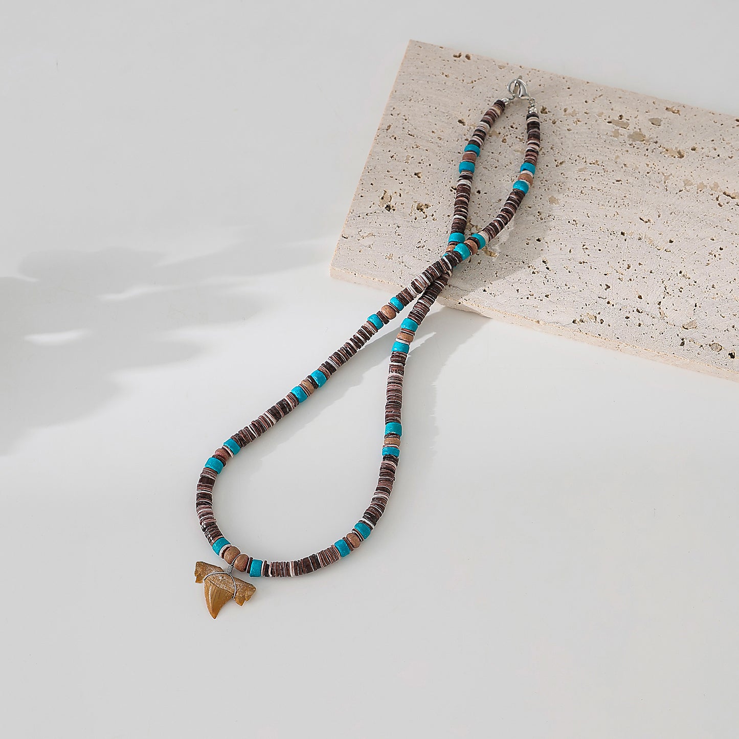 Shark Tooth fossil Necklace  with brown and teal beads