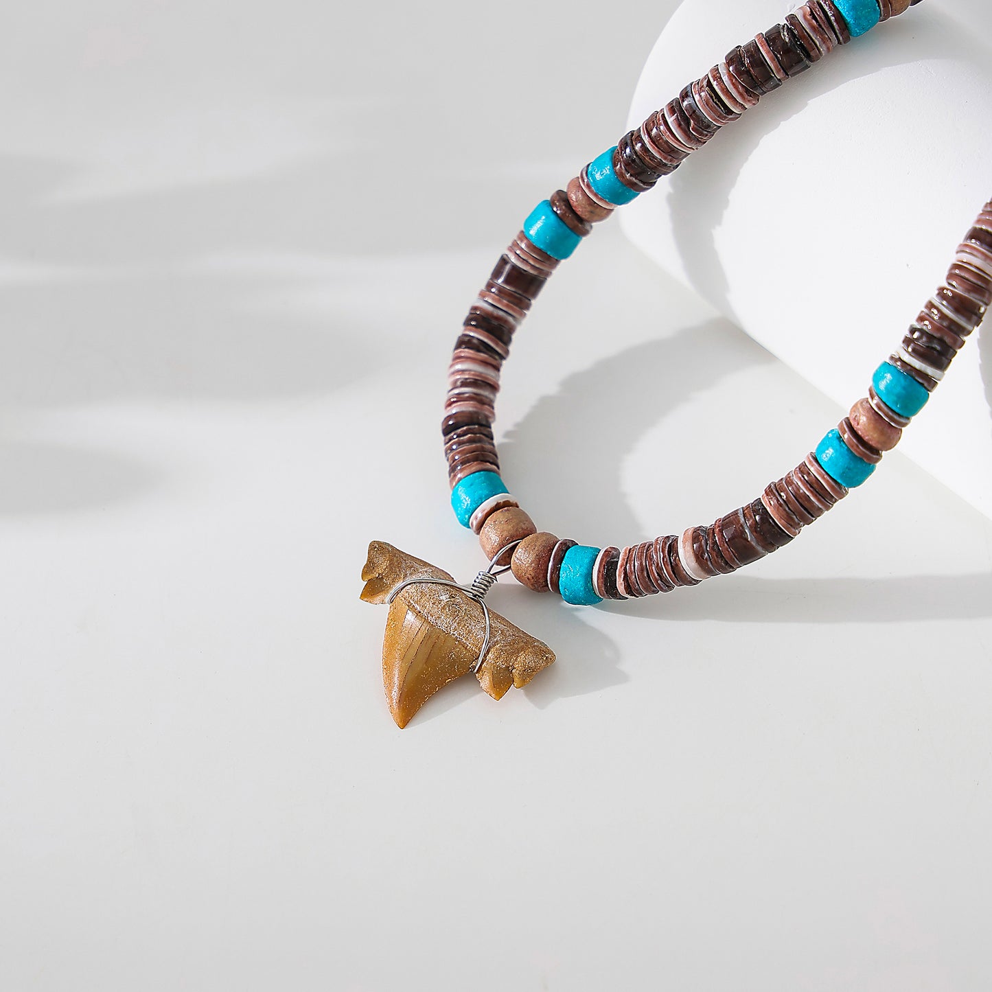 Shark Tooth fossil Necklace  with brown and teal beads