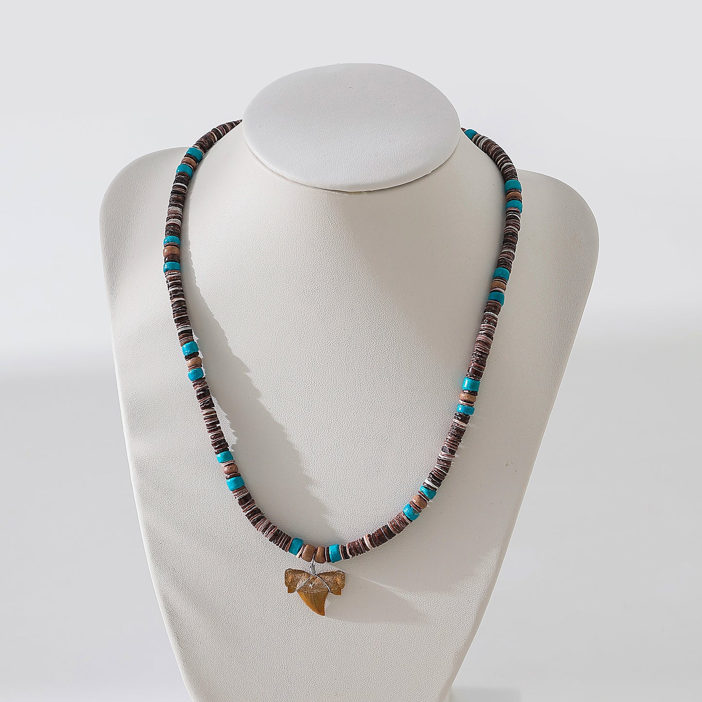 Shark Tooth fossil Necklace  with brown and teal beads