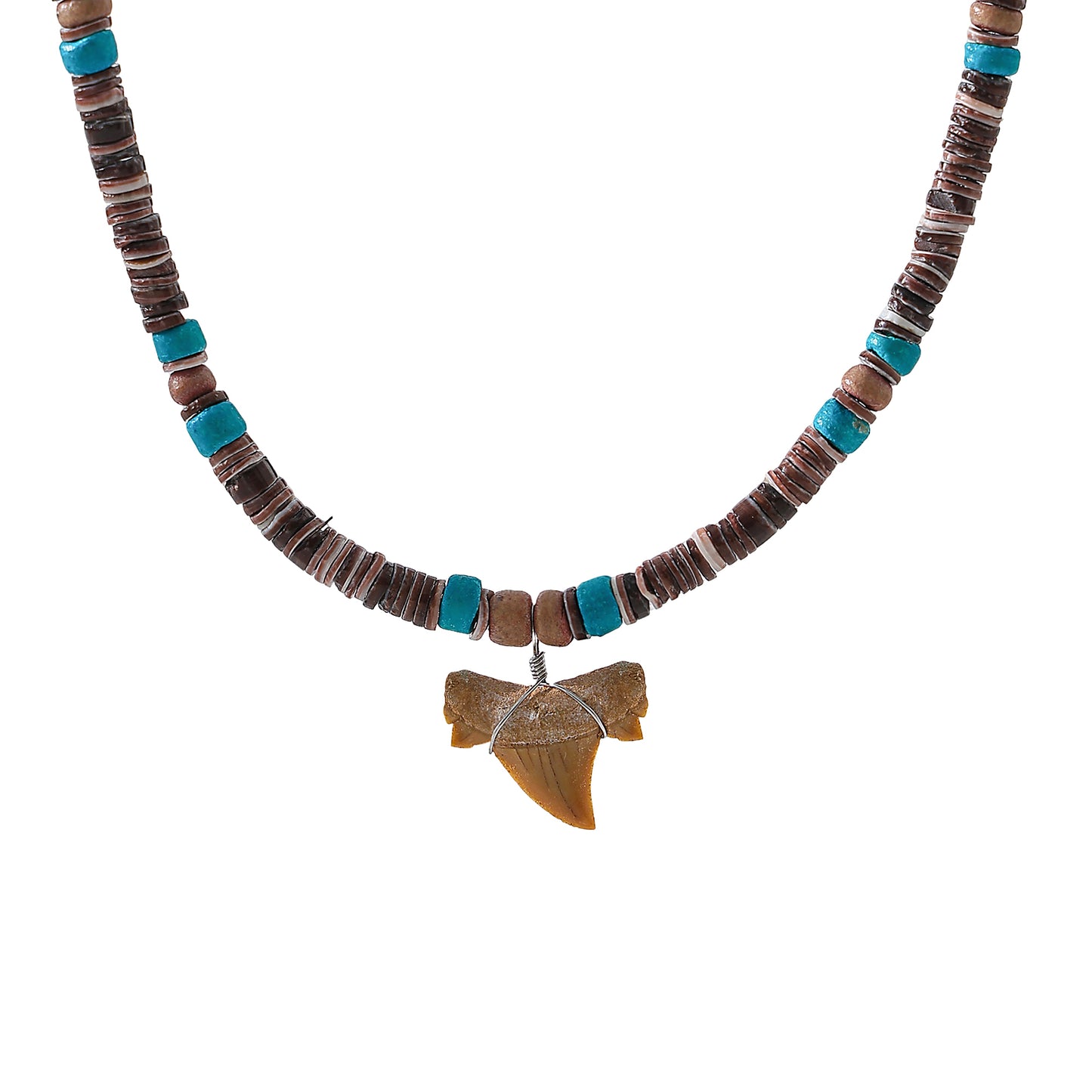 Shark Tooth fossil Necklace  with brown and teal beads