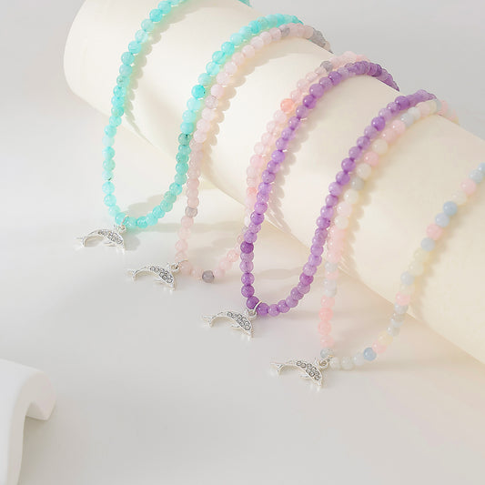 Exquisite Stone - Beaded Necklaces with Sparkling Clear Crystal Dolphin Charms (Assorted Colors)