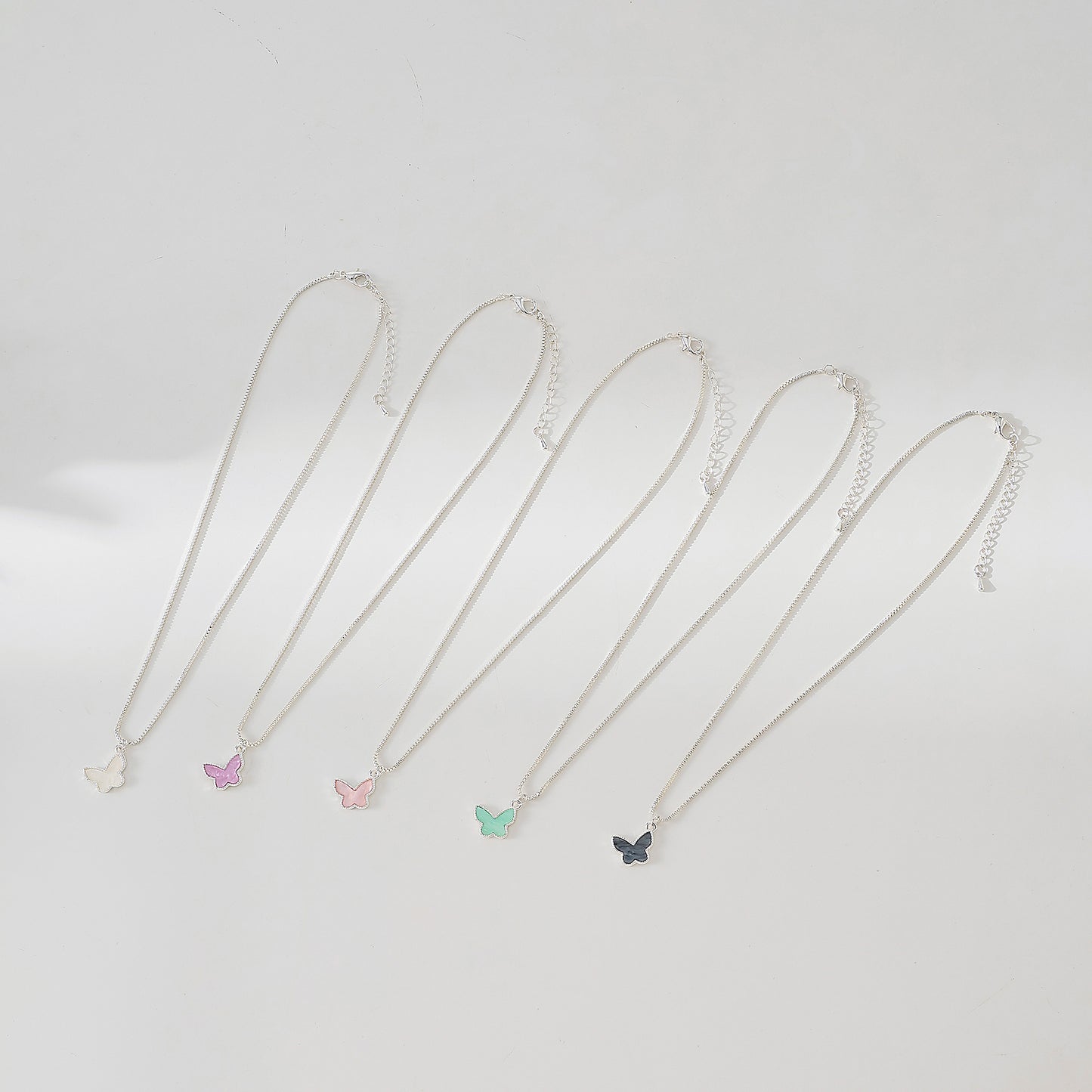 Silvery box chain Necklace with assorted colored Butterfly charms