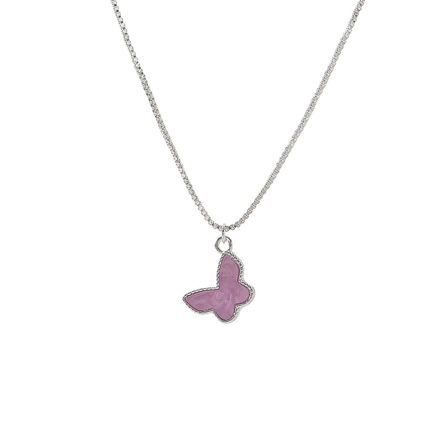 Silvery box chain Necklace with assorted colored Butterfly charms