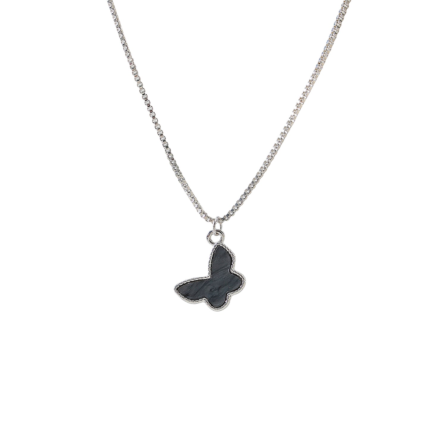 Silvery box chain Necklace with assorted colored Butterfly charms