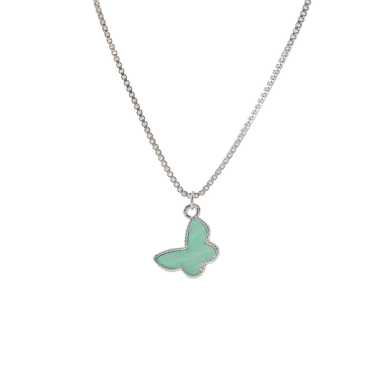 Silvery box chain Necklace with assorted colored Butterfly charms
