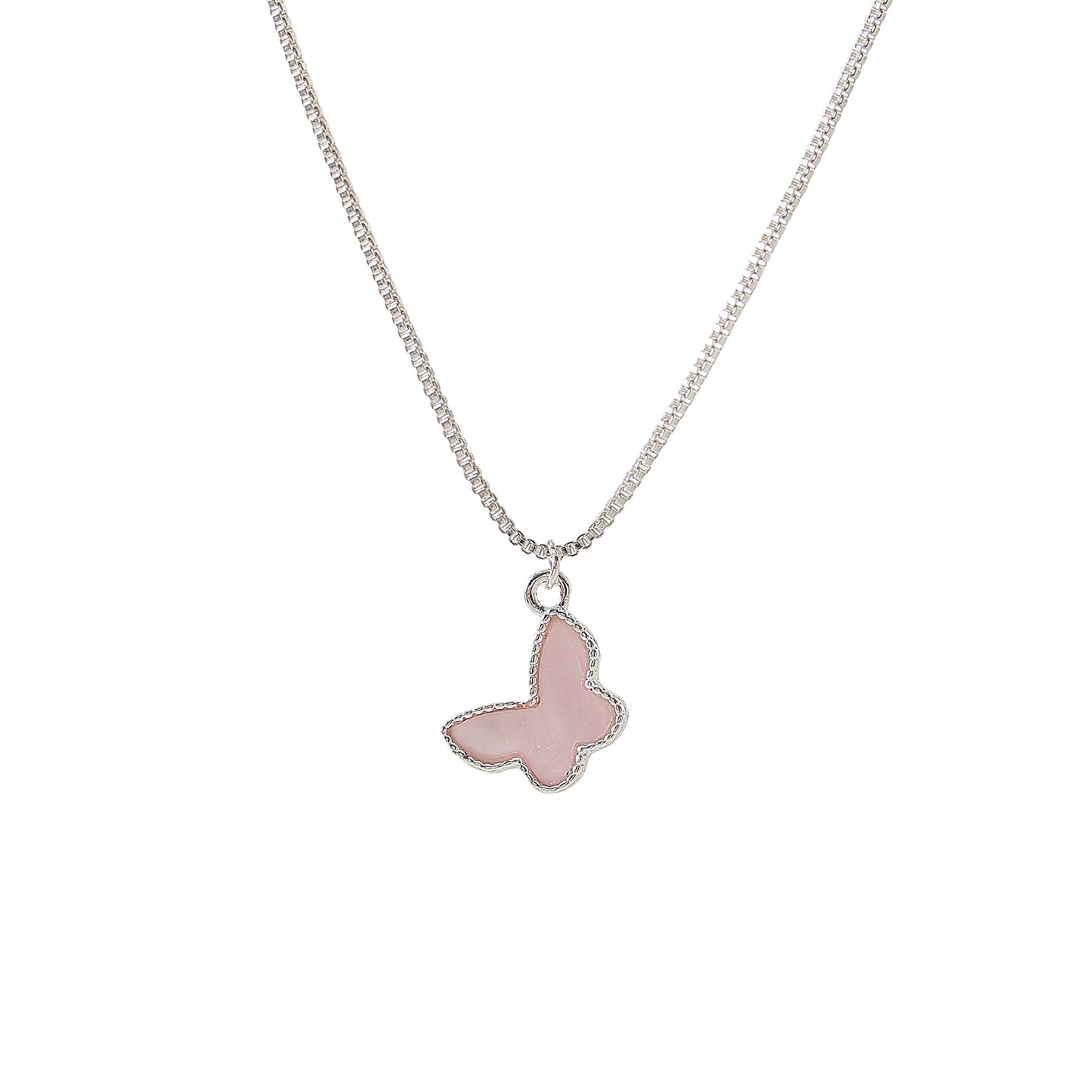 Silvery box chain Necklace with assorted colored Butterfly charms