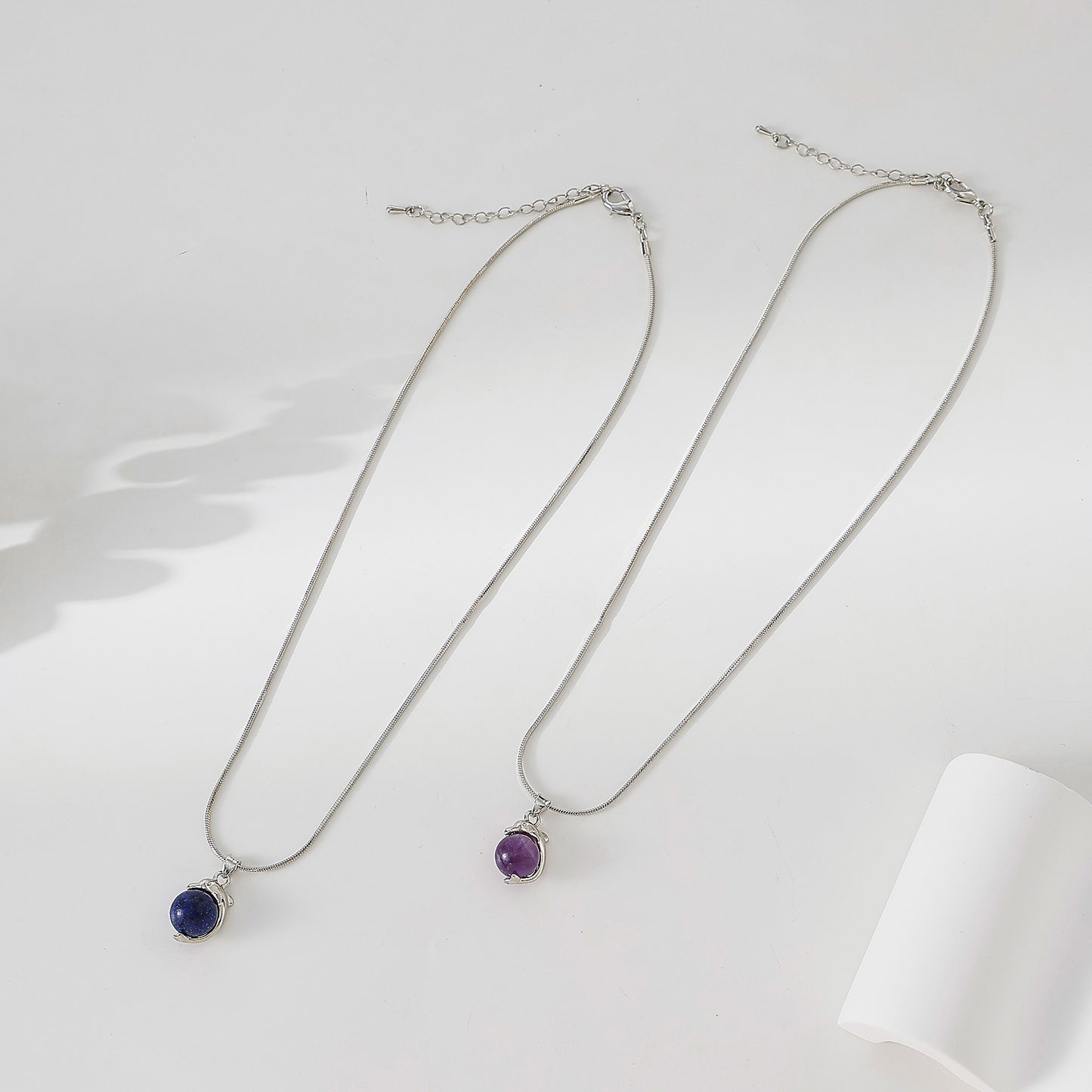 Charming Dolphin - Inspired Silver Chain Necklace with Genuine Round Stones: Amethyst & Lapis Lazuli Options