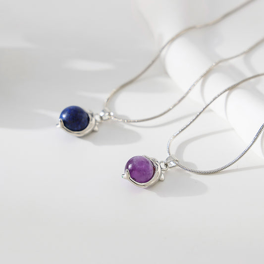 Charming Dolphin - Inspired Silver Chain Necklace with Genuine Round Stones: Amethyst & Lapis Lazuli Options