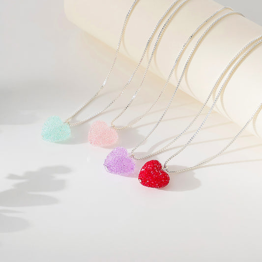 Glittering Sugared Heart Pendant on Silver - Plated Box Chain Necklace for Women