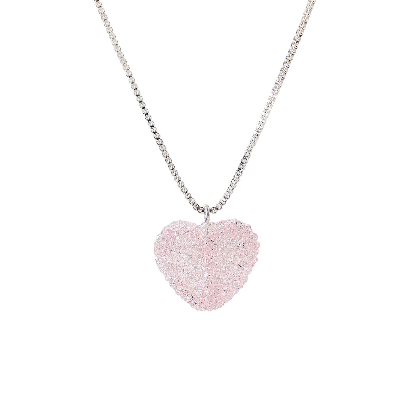 Glittering Sugared Heart Pendant on Silver - Plated Box Chain Necklace for Women