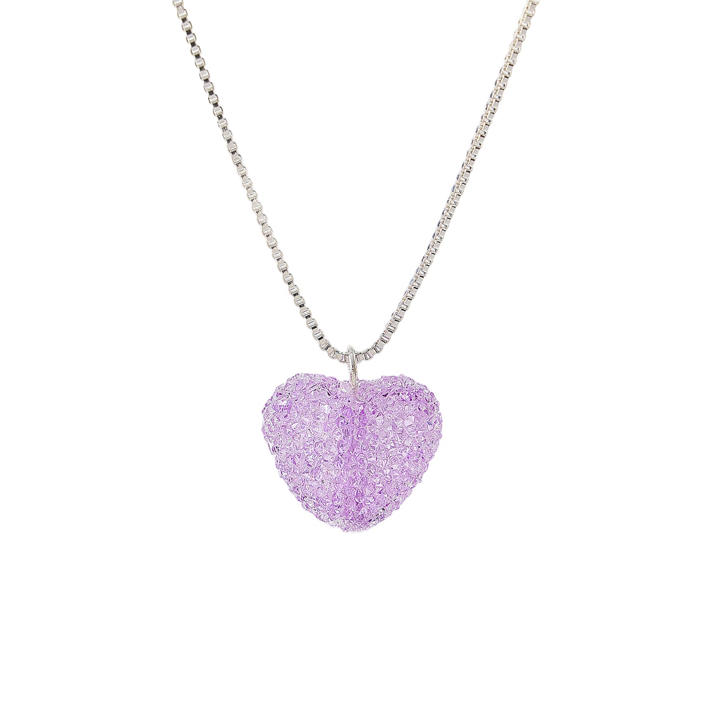 Glittering Sugared Heart Pendant on Silver - Plated Box Chain Necklace for Women
