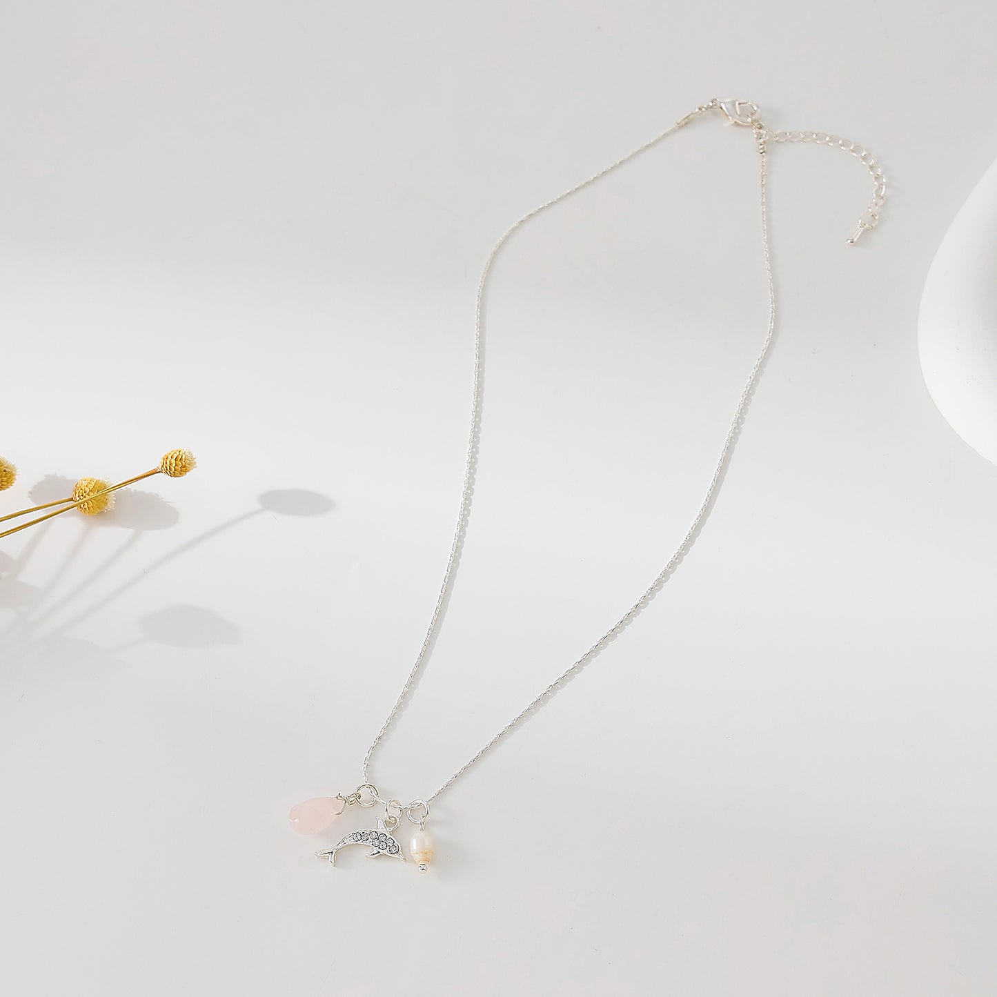 Charming Crystal - Encrusted Dolphin Pendant Necklace with Pearl & Assorted Teardrop Stones