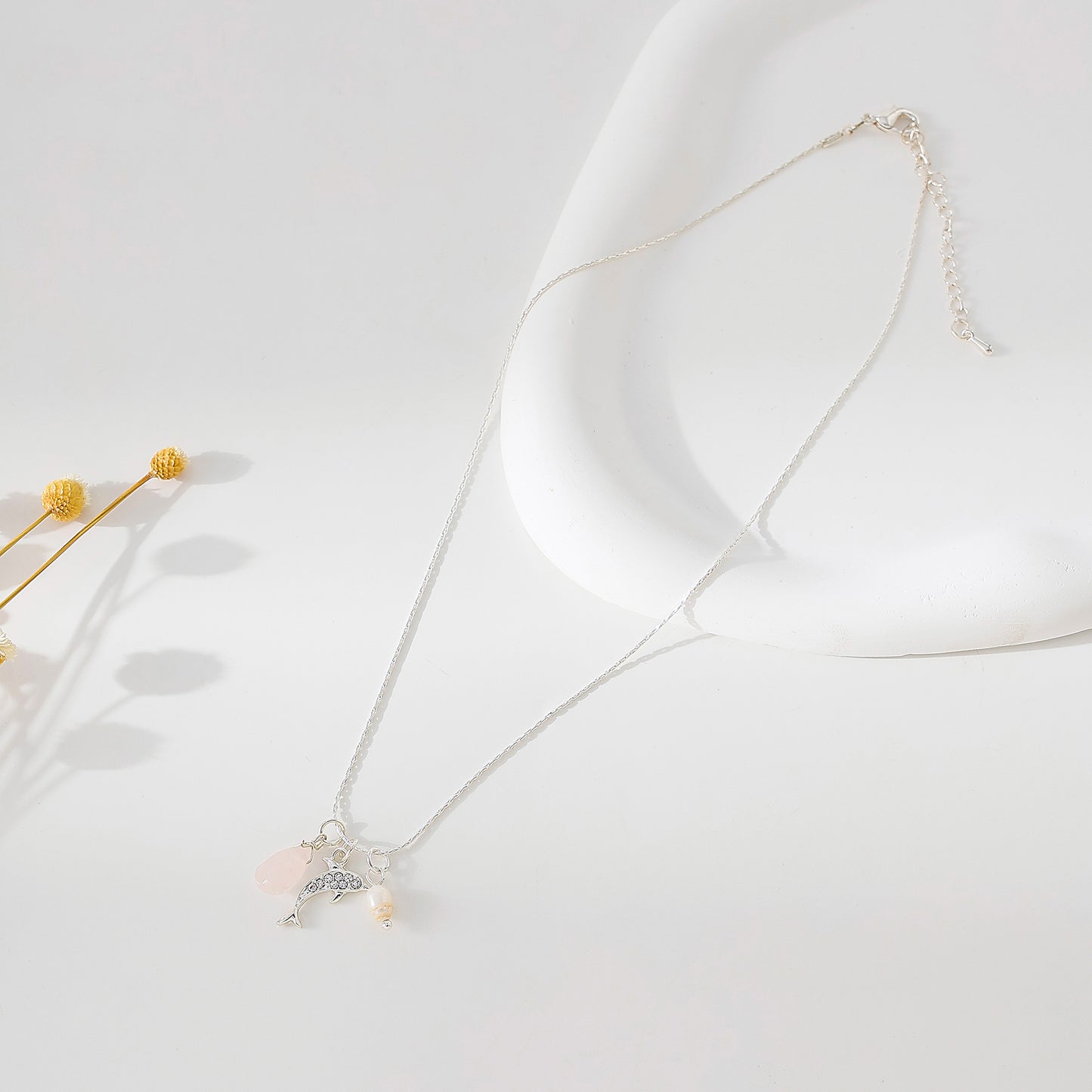 Charming Crystal - Encrusted Dolphin Pendant Necklace with Pearl & Assorted Teardrop Stones