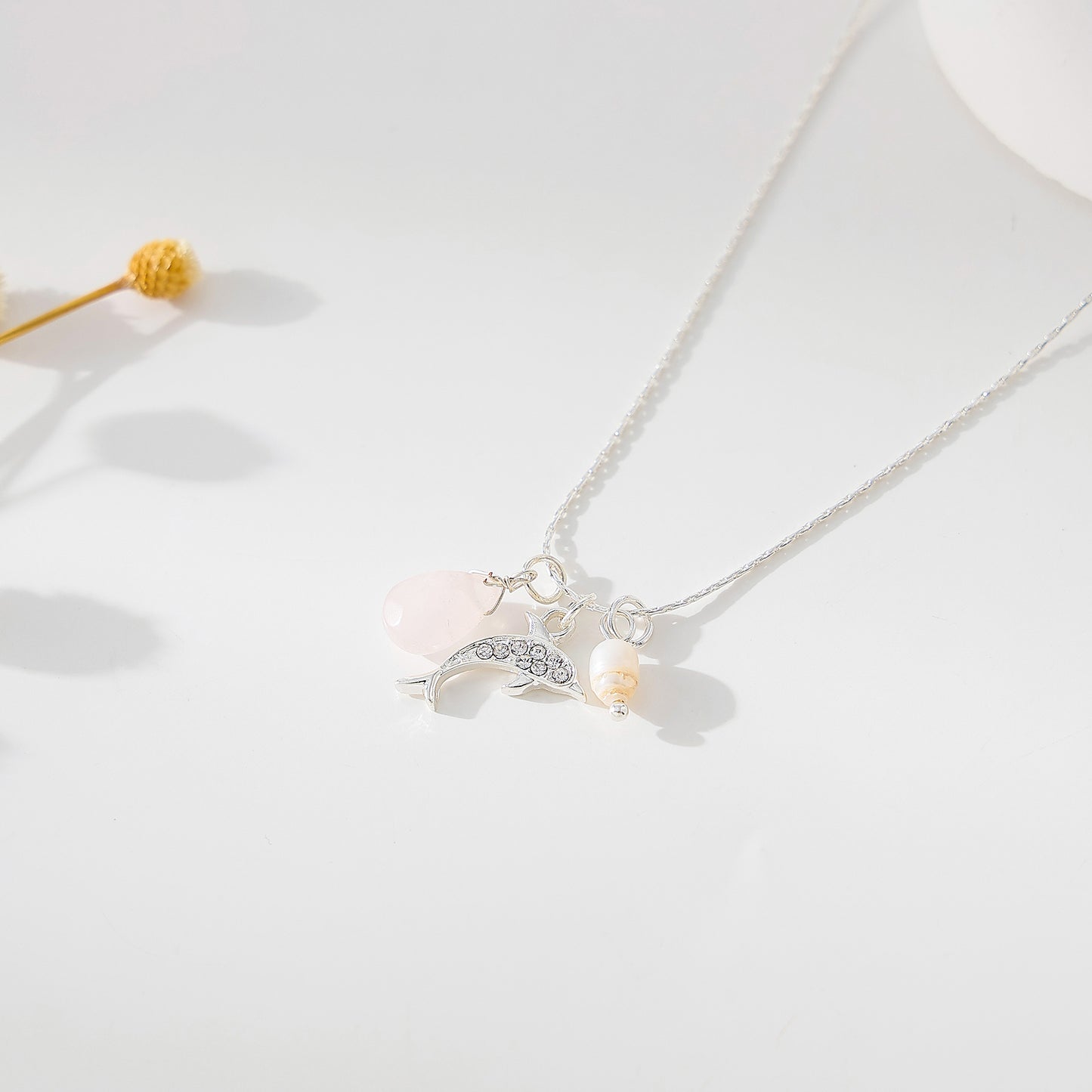 Charming Crystal - Encrusted Dolphin Pendant Necklace with Pearl & Assorted Teardrop Stones
