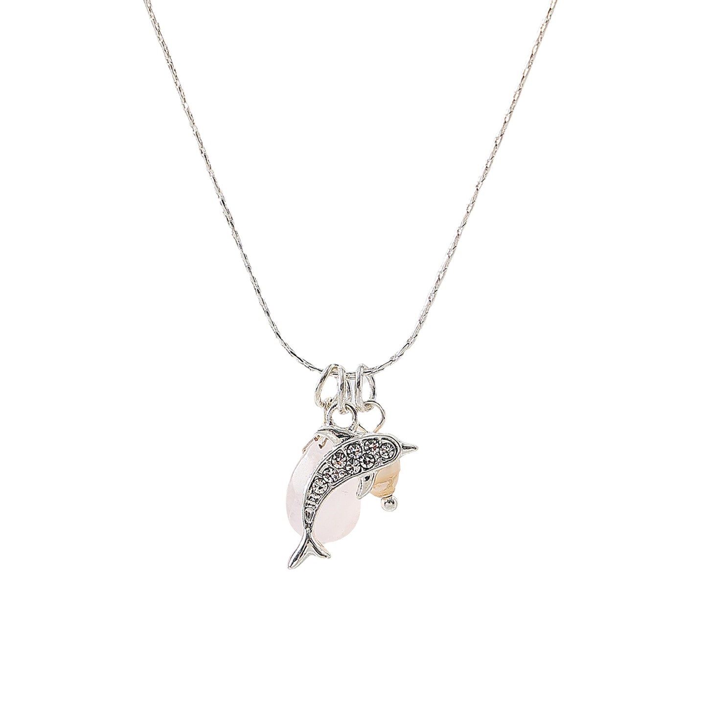 Charming Crystal - Encrusted Dolphin Pendant Necklace with Pearl & Assorted Teardrop Stones