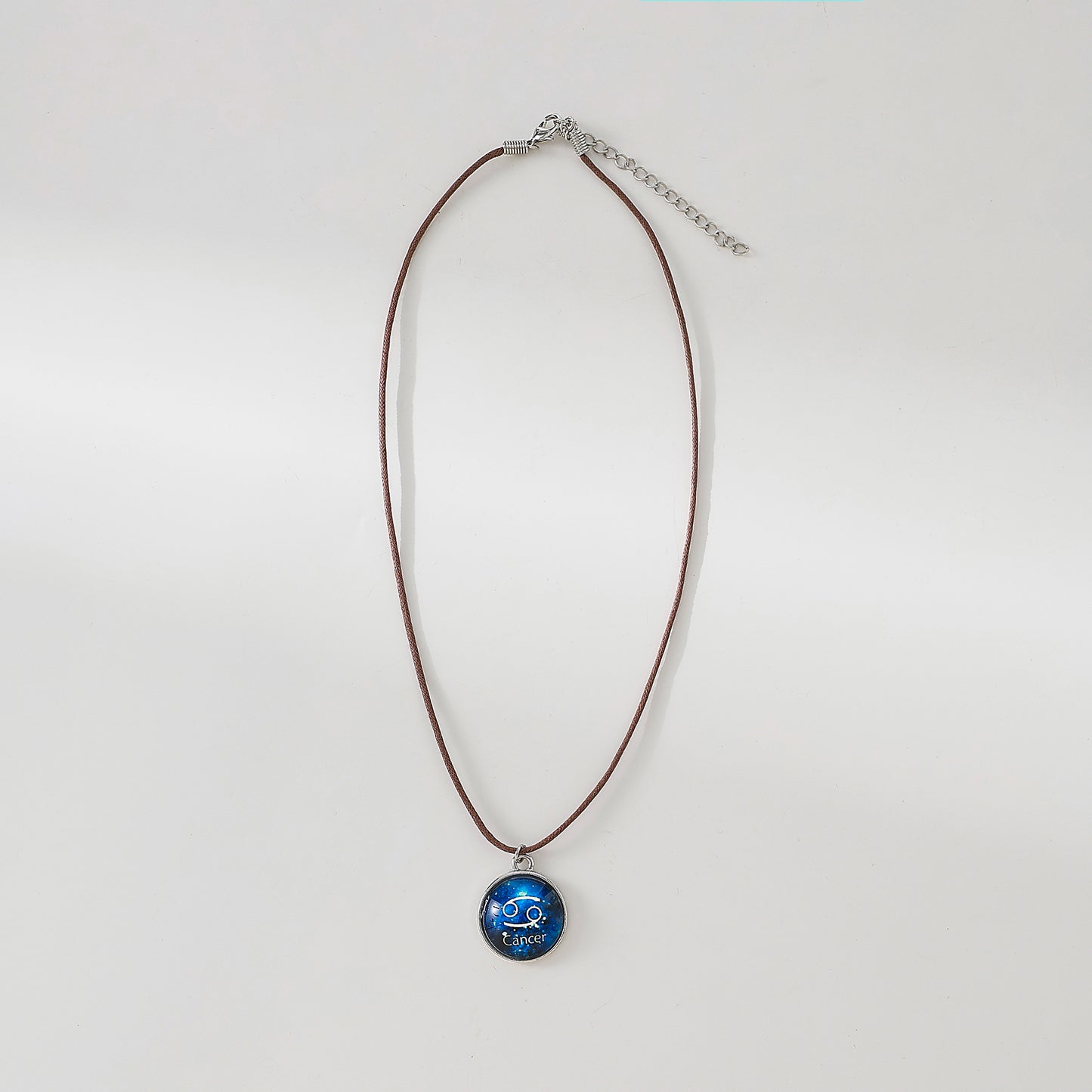 Enchanting Zodiac - Cancer Blue Disk Pendant Necklace on Premium Leather Cord