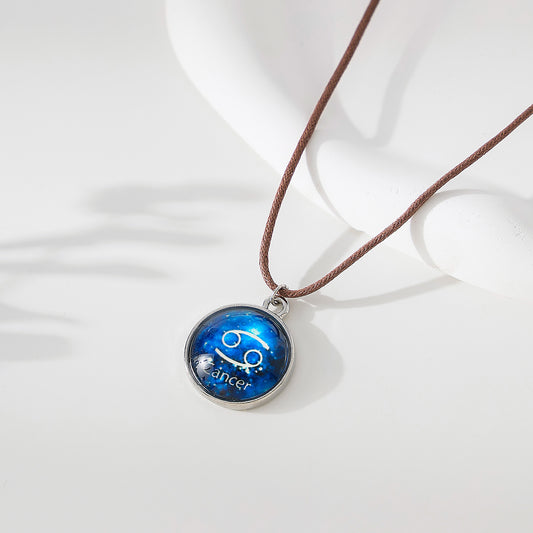 Enchanting Zodiac - Cancer Blue Disk Pendant Necklace on Premium Leather Cord