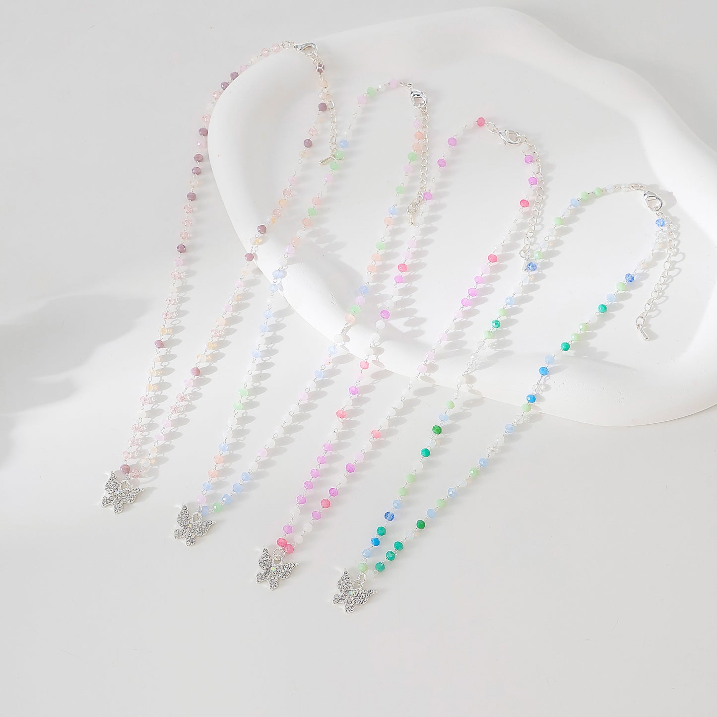 Assorted beaded chain Necklace with clear Crystal Butterfly charm