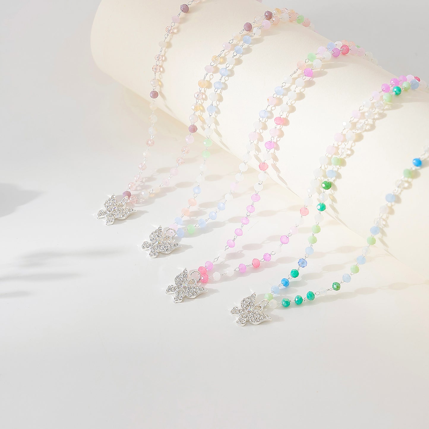 Assorted beaded chain Necklace with clear Crystal Butterfly charm