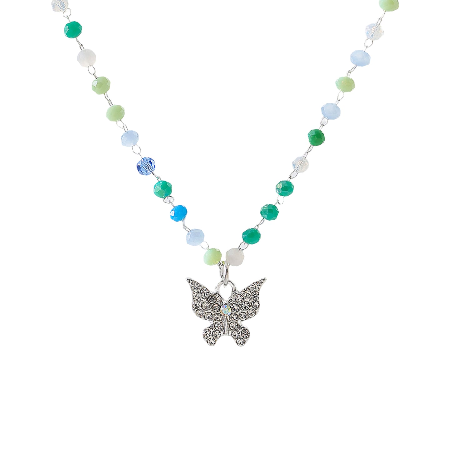 Assorted beaded chain Necklace with clear Crystal Butterfly charm