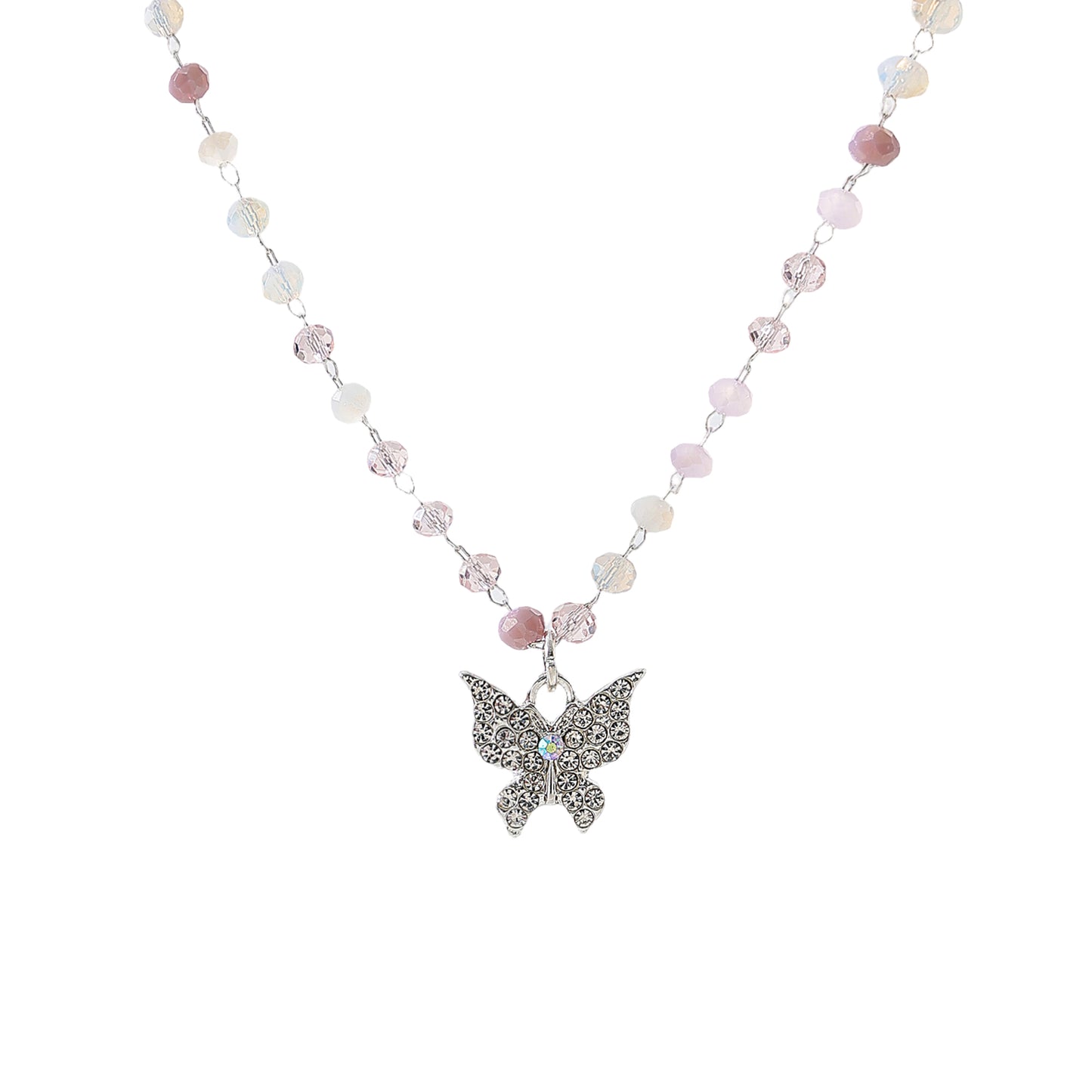 Assorted beaded chain Necklace with clear Crystal Butterfly charm