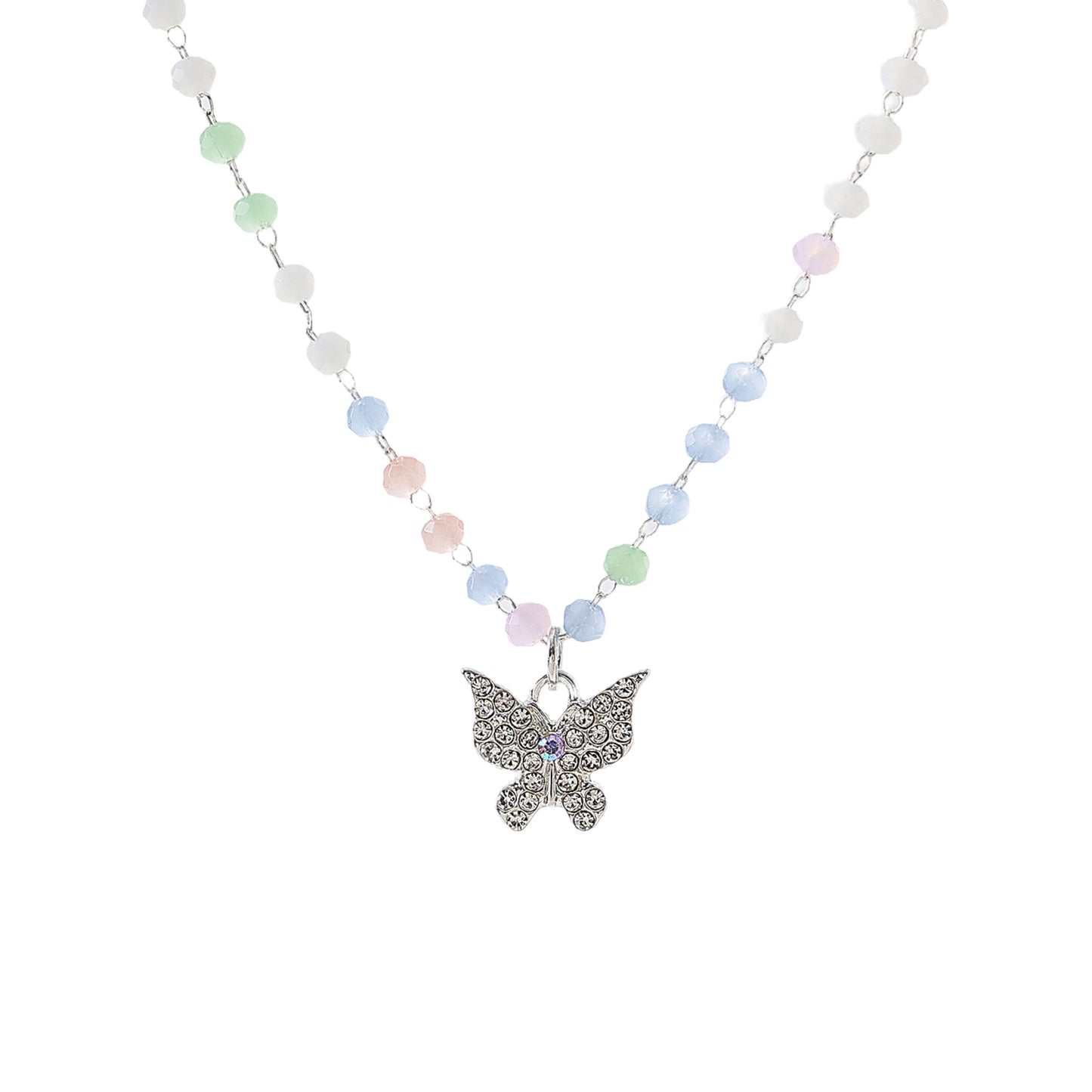 Assorted beaded chain Necklace with clear Crystal Butterfly charm