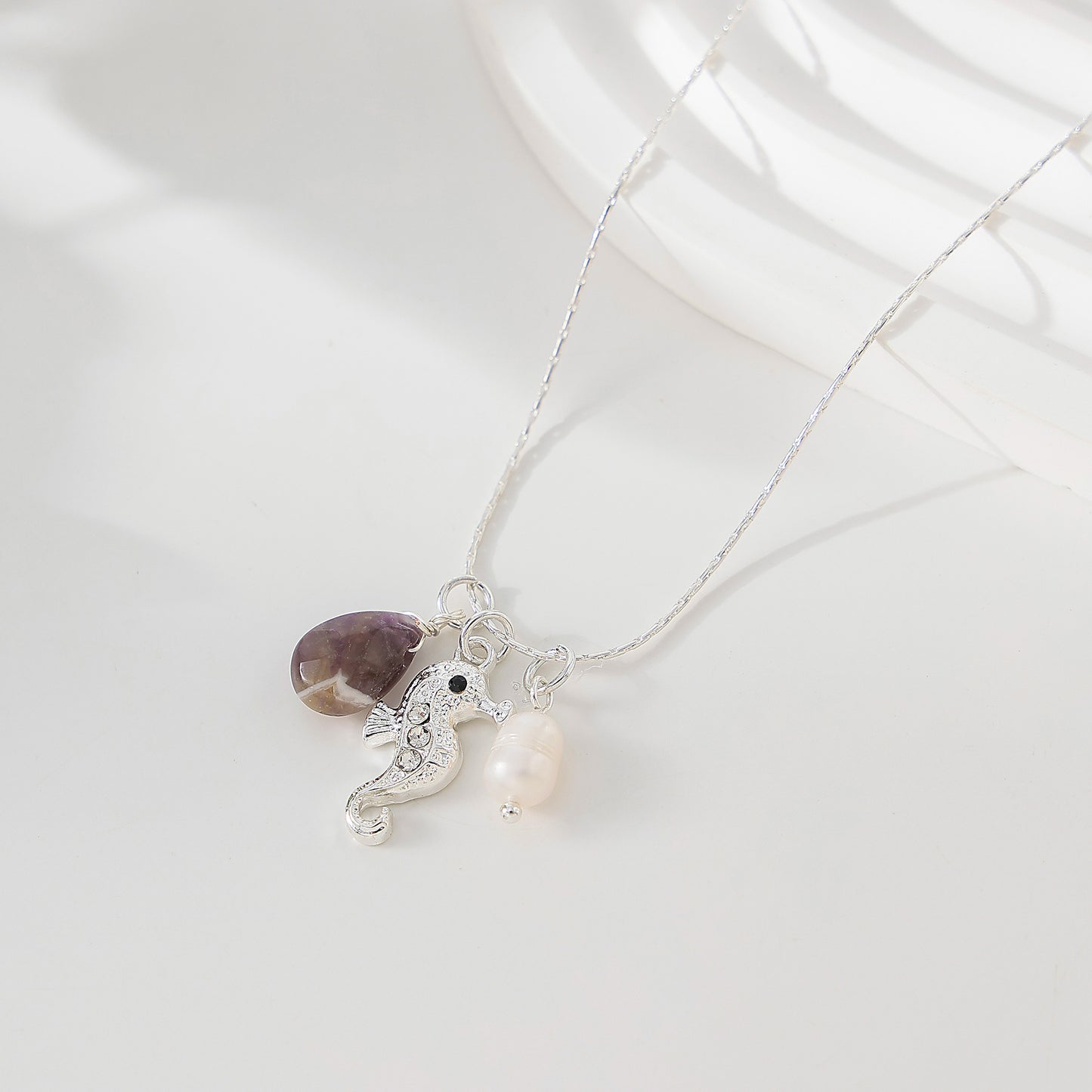 Rhinestone Seahorse with assorted teardrop stone and fake pearl necklace