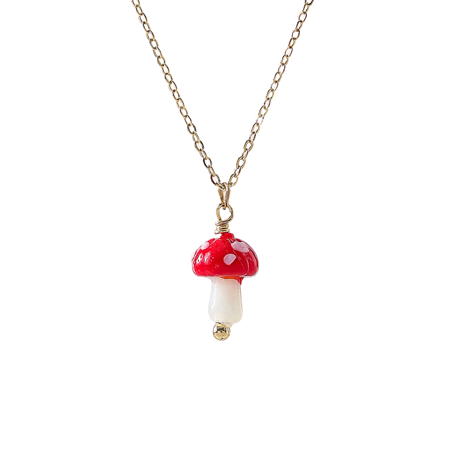 glass Mushroom charm Necklace on a gold chain