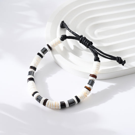 1pc Unisex Minimalist Bracelet, Contemporary Chic Style With White Shell & Black Accent Beads, Adjustable Rope Design, Casual/Everyday Wear