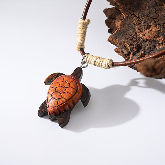 1pc Rustic Boho Necklace, Wood Turtle Pendant & Leather Cord, Woven Jute Accents, Unisex Summer Vacation/Beach Party/Casual Gift