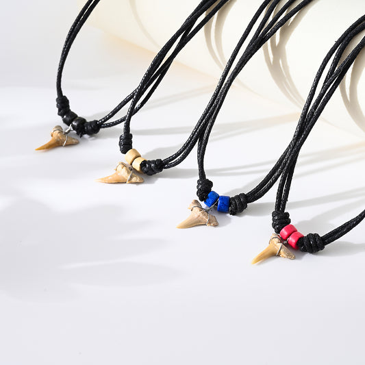 1pc Bohemian Style Adjustable Cord Shark Tooth Necklace with Colorful Beads - Natural Leather Cord & Gold-Toned Shark Teeth, Unisex Beach Jewelry for Summer Vacation/Party Gift