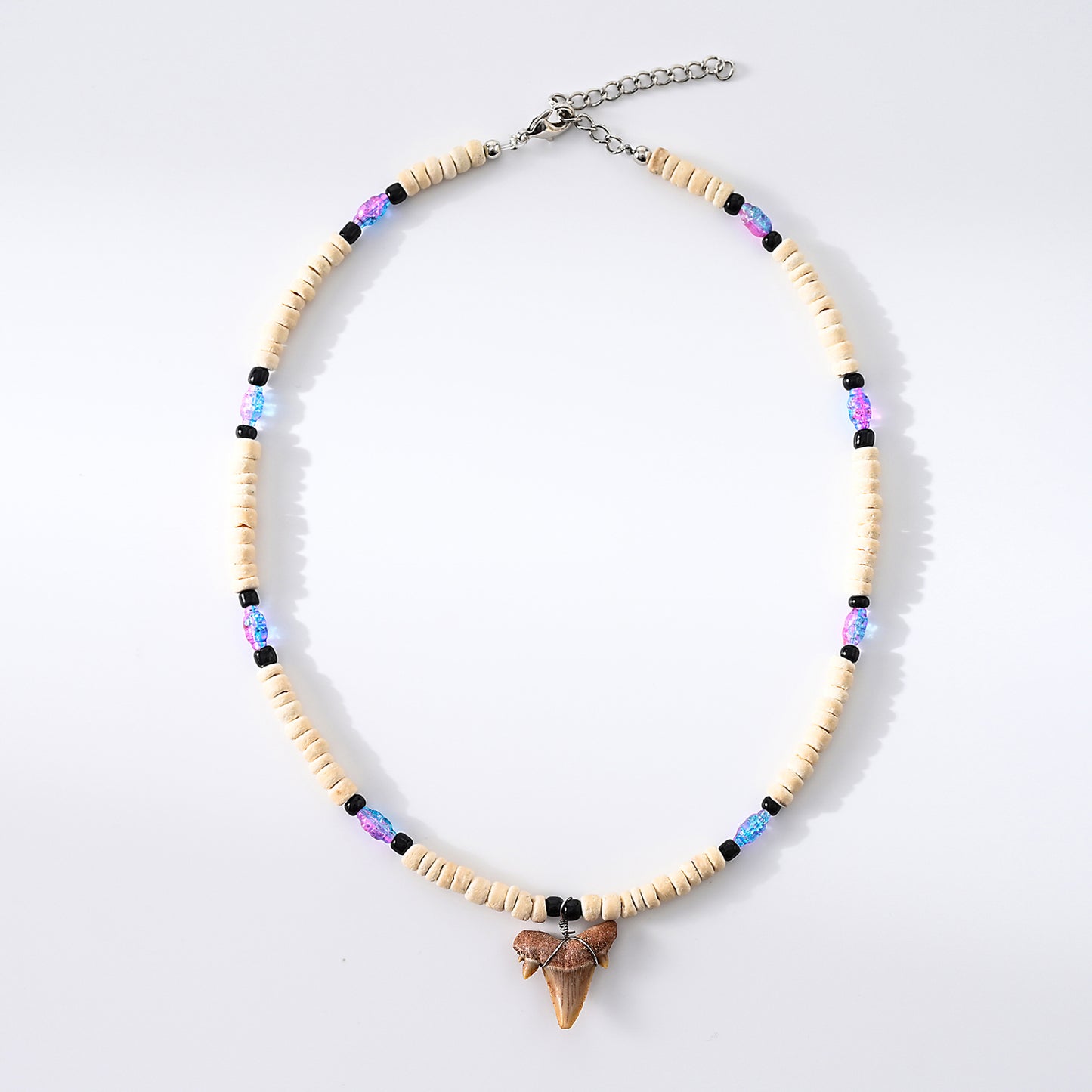 1pc Boho Beach Necklace, Shark Tooth & Iridescent Beads (Black/Brown/Blue/Cream), Colorful Accents, Unisex Summer Vacation/Beach Party/Layering Gift