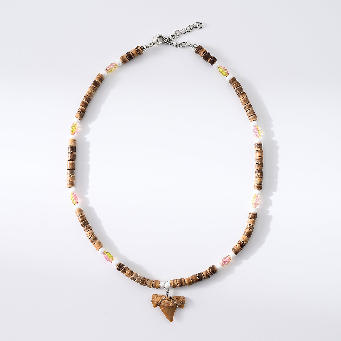 1pc Boho Beach Necklace, Shark Tooth & Iridescent Beads (Black/Brown/Blue/Cream), Colorful Accents, Unisex Summer Vacation/Beach Party/Layering Gift