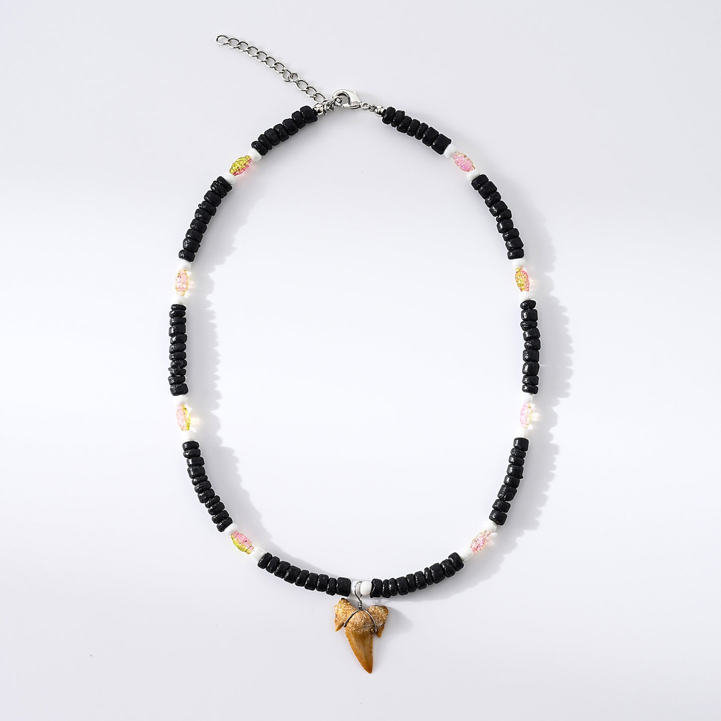 1pc Boho Beach Necklace, Shark Tooth & Iridescent Beads (Black/Brown/Blue/Cream), Colorful Accents, Unisex Summer Vacation/Beach Party/Layering Gift