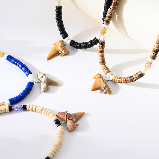 1pc Boho Beach Necklace, Shark Tooth & Iridescent Beads (Black/Brown/Blue/Cream), Colorful Accents, Unisex Summer Vacation/Beach Party/Layering Gift