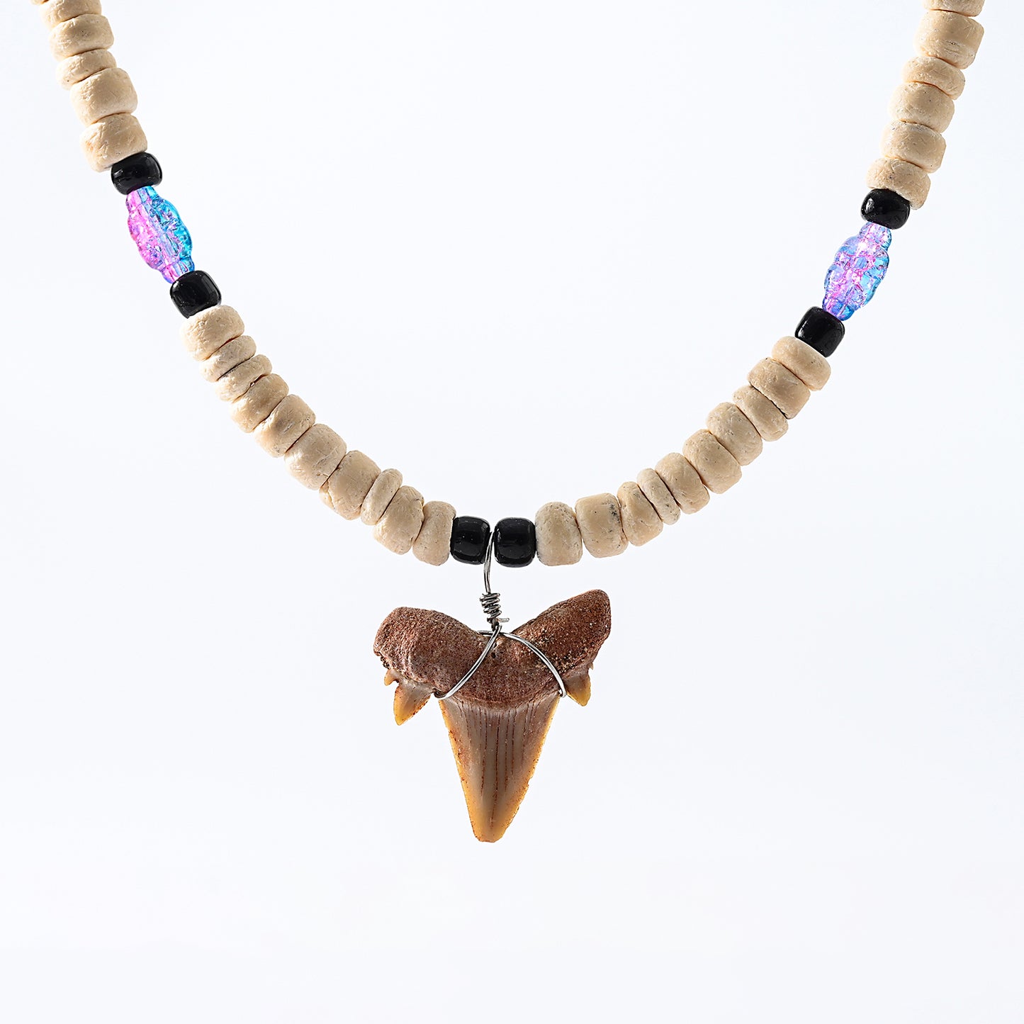 1pc Boho Beach Necklace, Shark Tooth & Iridescent Beads (Black/Brown/Blue/Cream), Colorful Accents, Unisex Summer Vacation/Beach Party/Layering Gift
