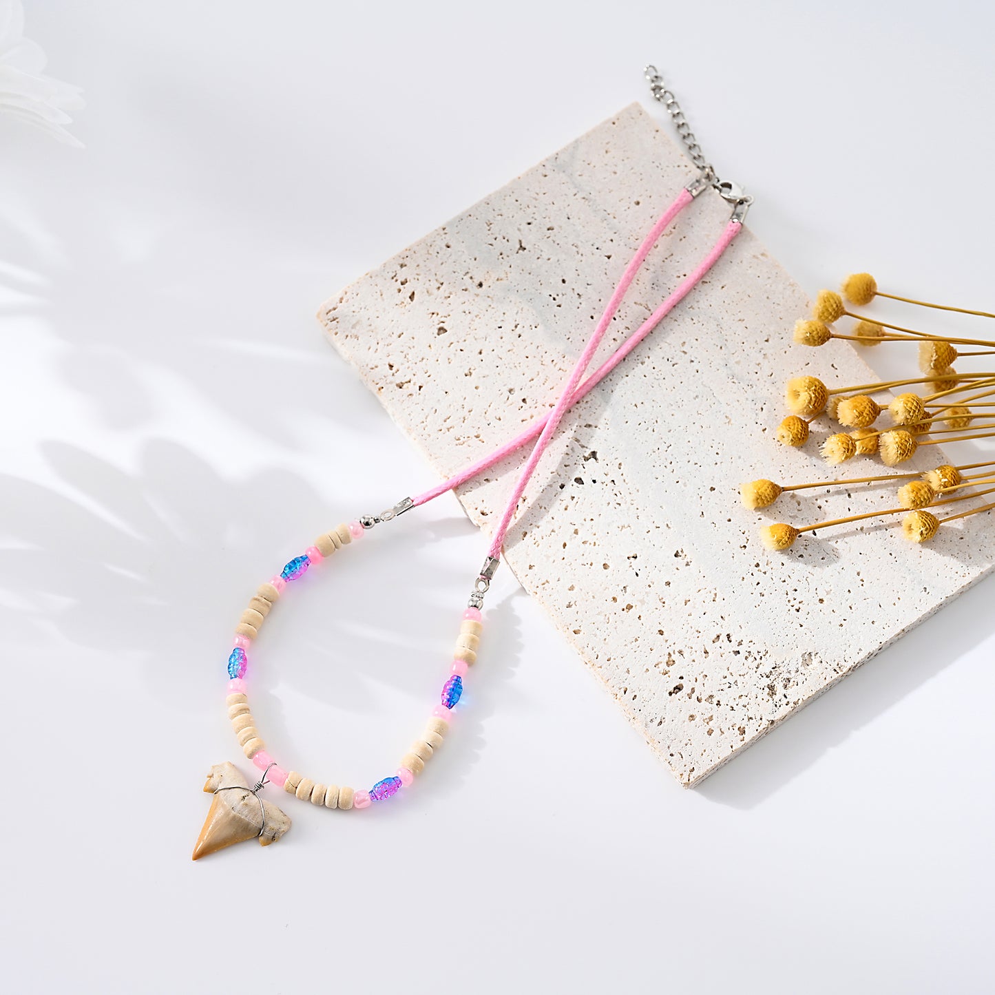 1pc Boho Beach Necklace, Real Shark Tooth & Mixed Beads (Wood/Glass/Glitter), Adjustable Cord Chain, Unisex Summer/Vacation/Beach Party Accessory