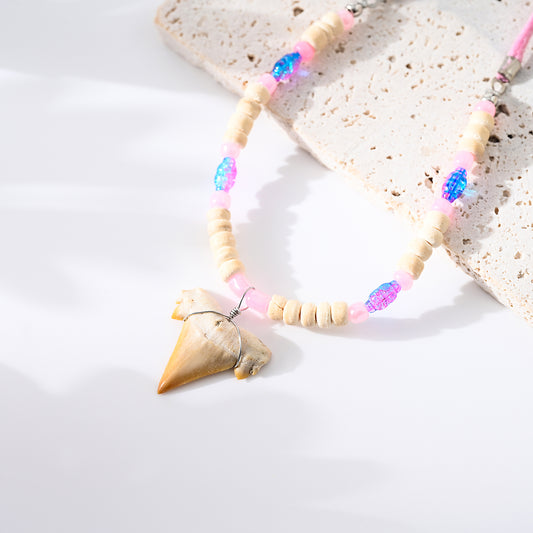 1pc Boho Beach Necklace, Real Shark Tooth & Mixed Beads (Wood/Glass/Glitter), Adjustable Cord Chain, Unisex Summer/Vacation/Beach Party Accessory