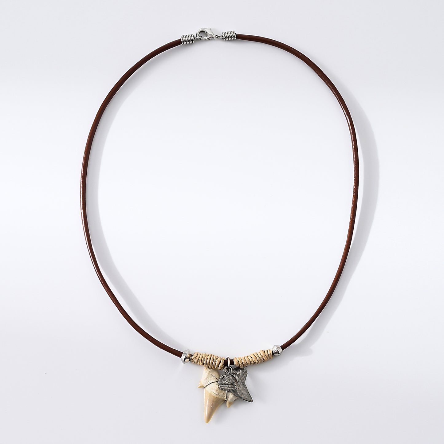 1pc Nautical Men's Necklace, Genuine Shark Tooth & Silver Star Charm, Brown Leather Cord, Summer Beach Party/Casual Gift