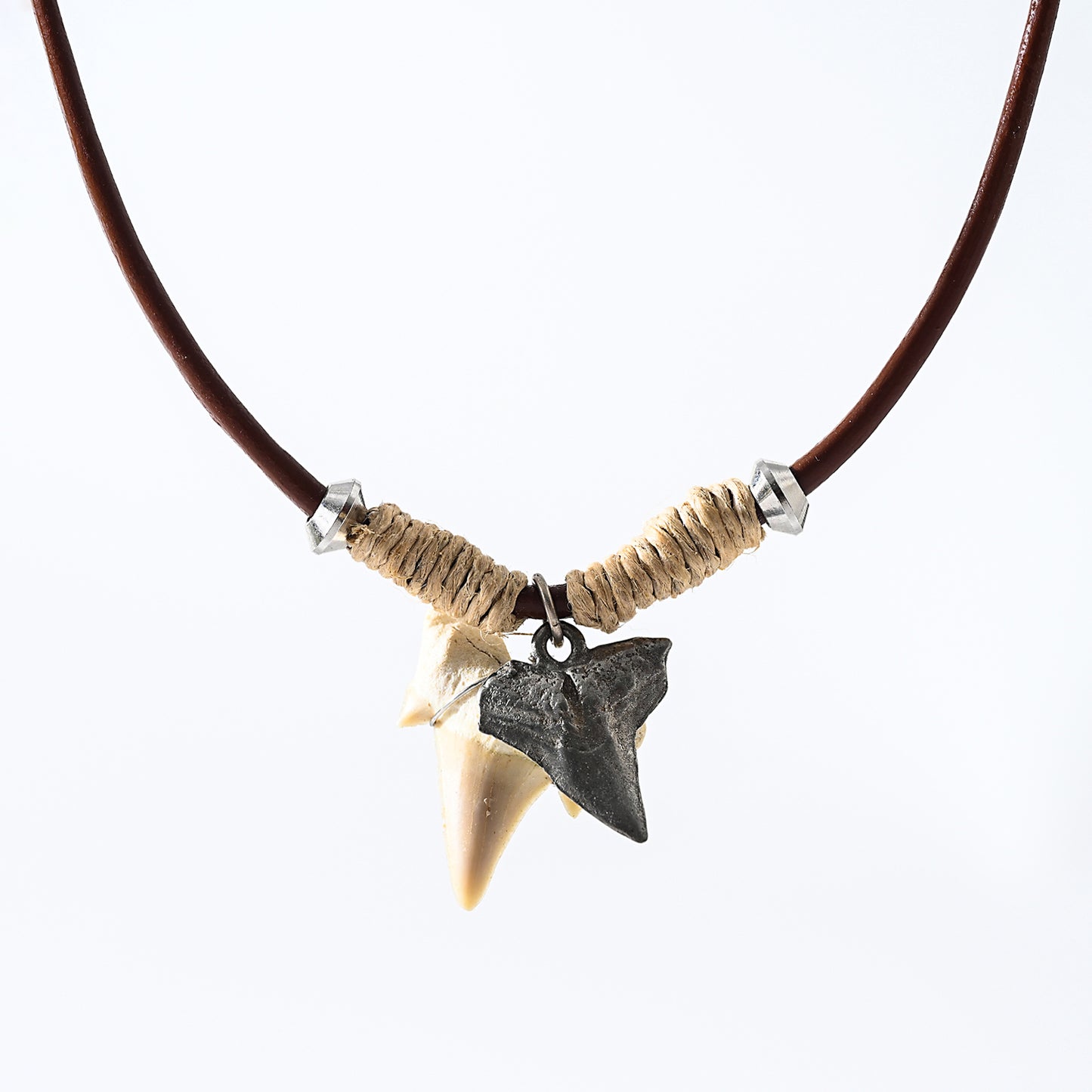 1pc Nautical Men's Necklace, Genuine Shark Tooth & Silver Star Charm, Brown Leather Cord, Summer Beach Party/Casual Gift