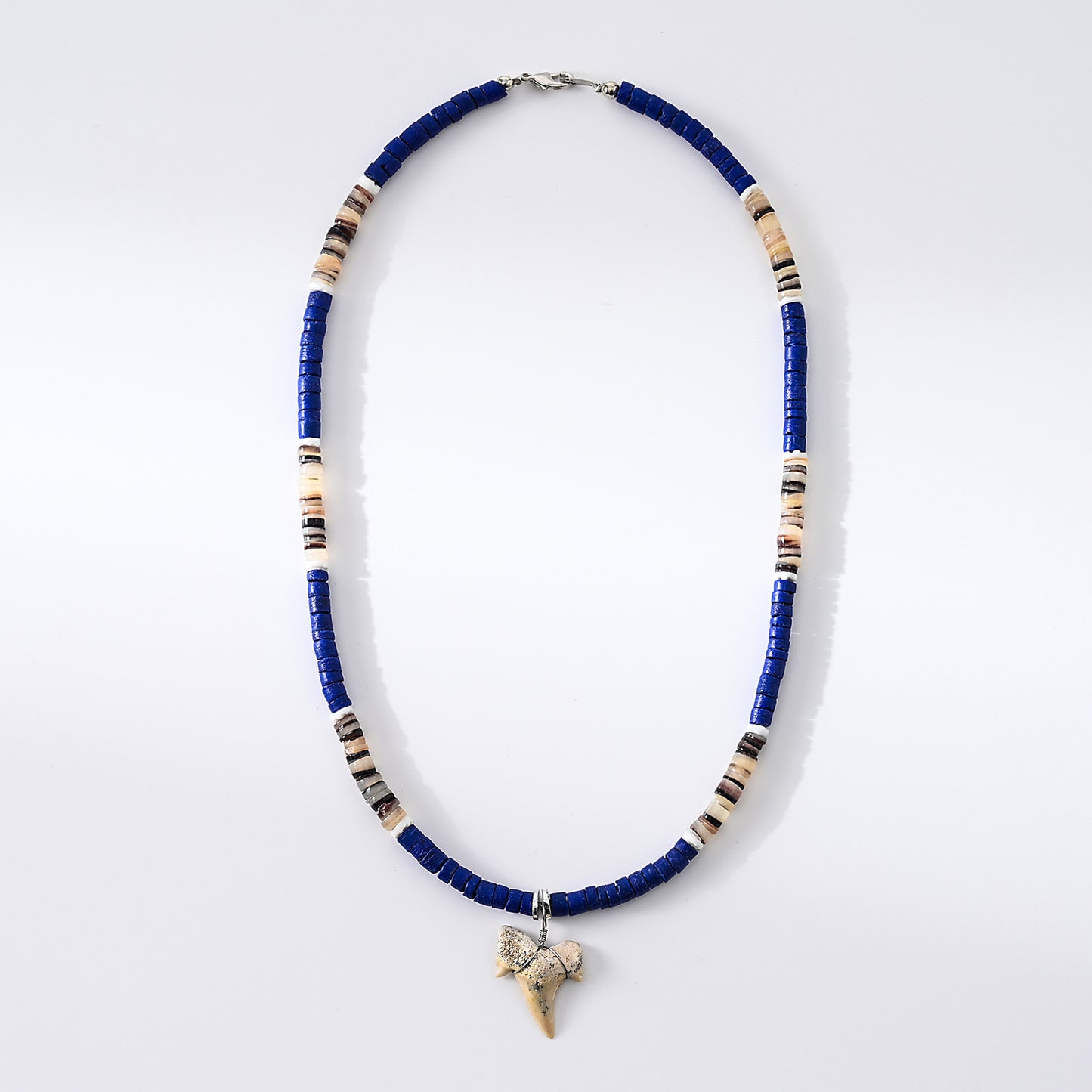 1pc Boho Beach Necklace, Natural Blue Puka Shell & Shark Tooth, Multicolor Beaded Accents, Unisex Summer Vacation/Beach Party/Casual Gift