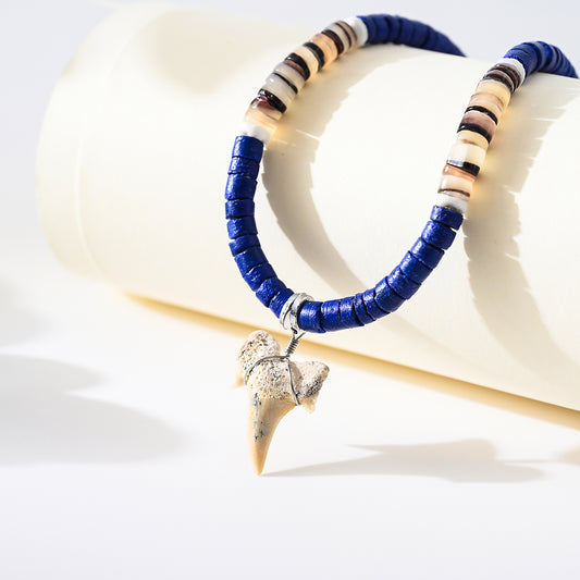 1pc Boho Beach Necklace, Natural Blue Puka Shell & Shark Tooth, Multicolor Beaded Accents, Unisex Summer Vacation/Beach Party/Casual Gift