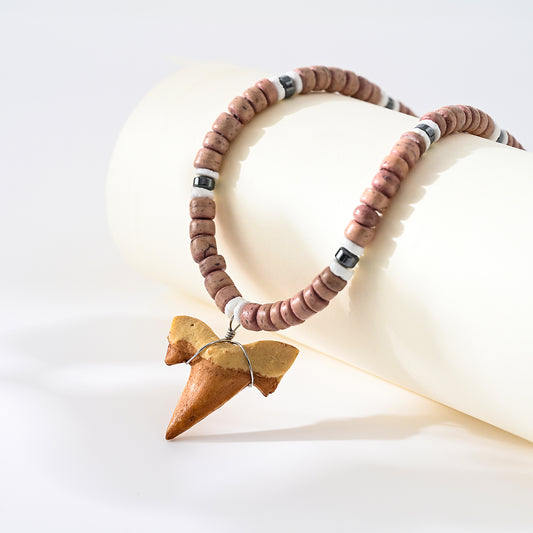 1 pc Bohemian Style Wooden Bead Necklace with Shark Tooth Pendant for Men & Women - Summer Beach Jewelry & Festival Gift